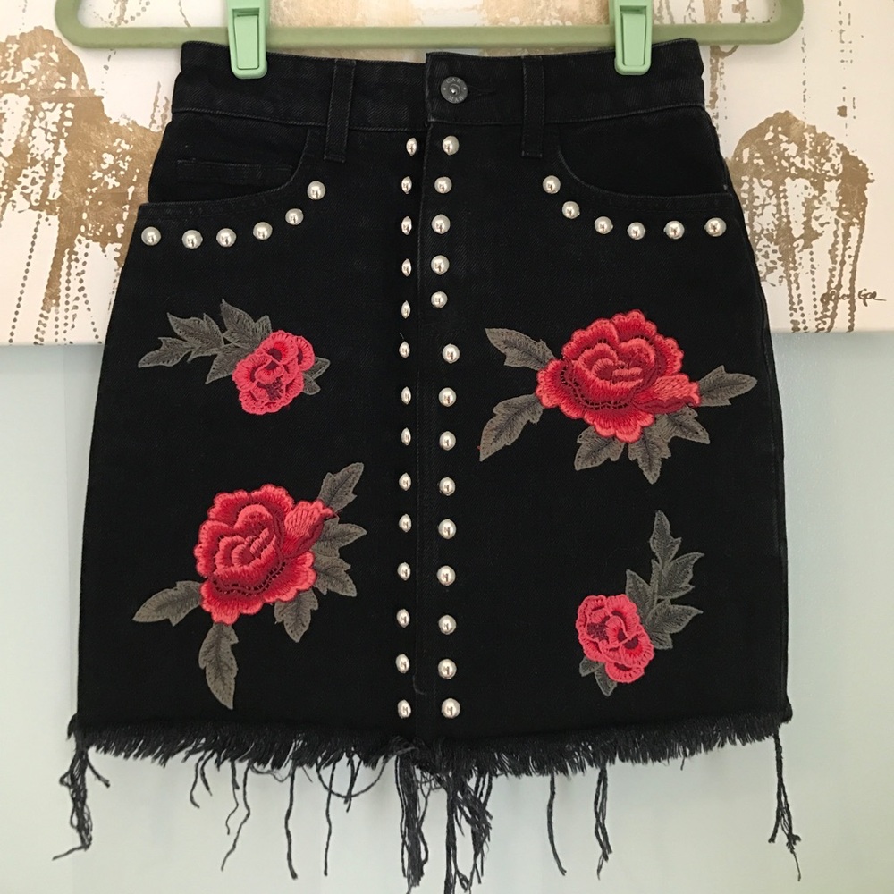 LF Carmar embroidered studded denim skirt